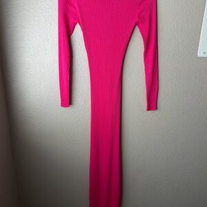 Hot Pink Ribbed Long Sleeve Bodycon Dress